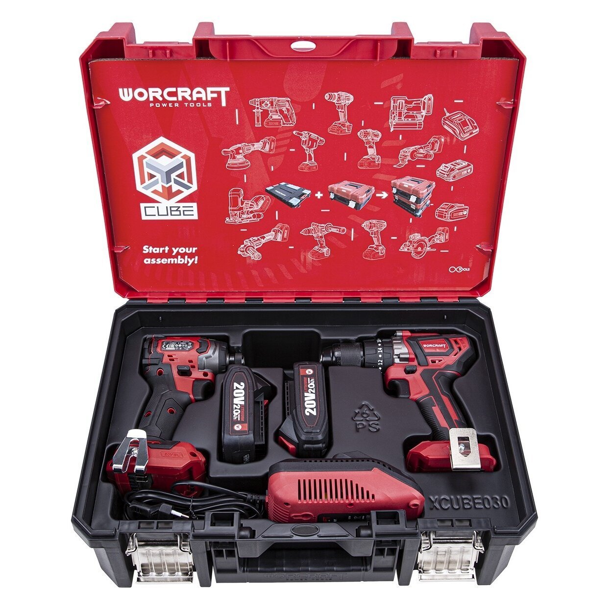 Akumuliatorinio suktuvo-gręžtuvo ir smūginio suktuvo WORCRAFT rinkinys 20V LI-ION (XCUBE dėžė)